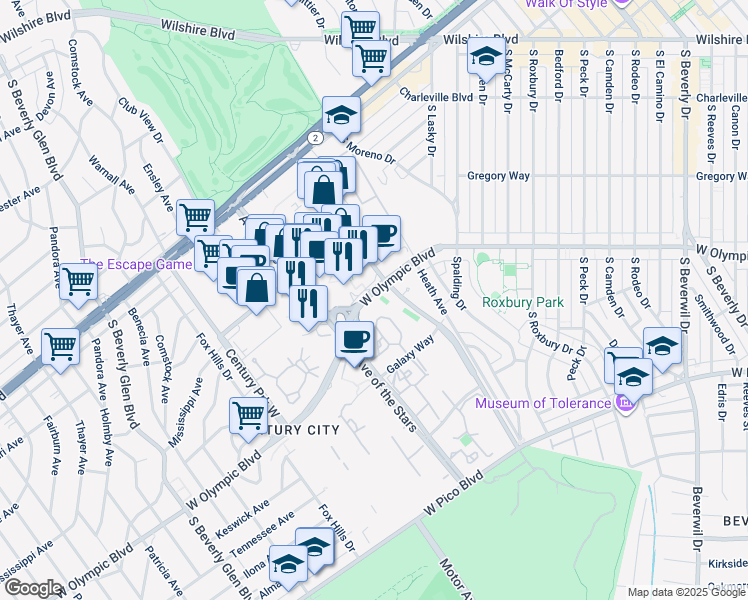 map of restaurants, bars, coffee shops, grocery stores, and more near 10081 West Olympic Boulevard in Los Angeles