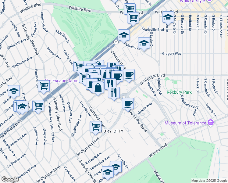 map of restaurants, bars, coffee shops, grocery stores, and more near 2025 Avenue of the Stars in Los Angeles