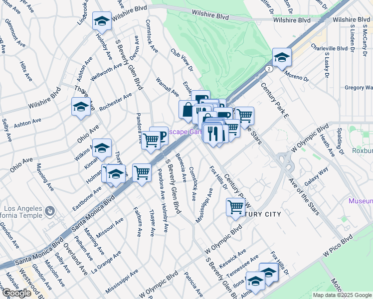 map of restaurants, bars, coffee shops, grocery stores, and more near 10335 Missouri Avenue in Los Angeles