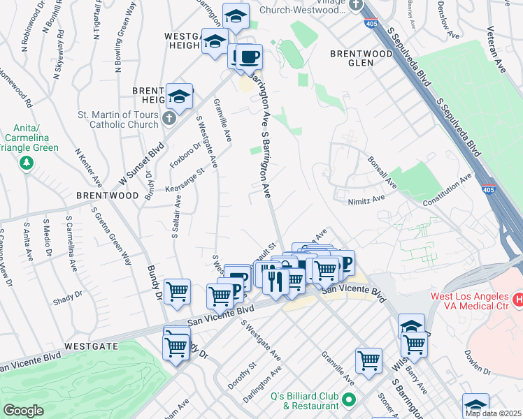 map of restaurants, bars, coffee shops, grocery stores, and more near 605 South Barrington Avenue in Los Angeles