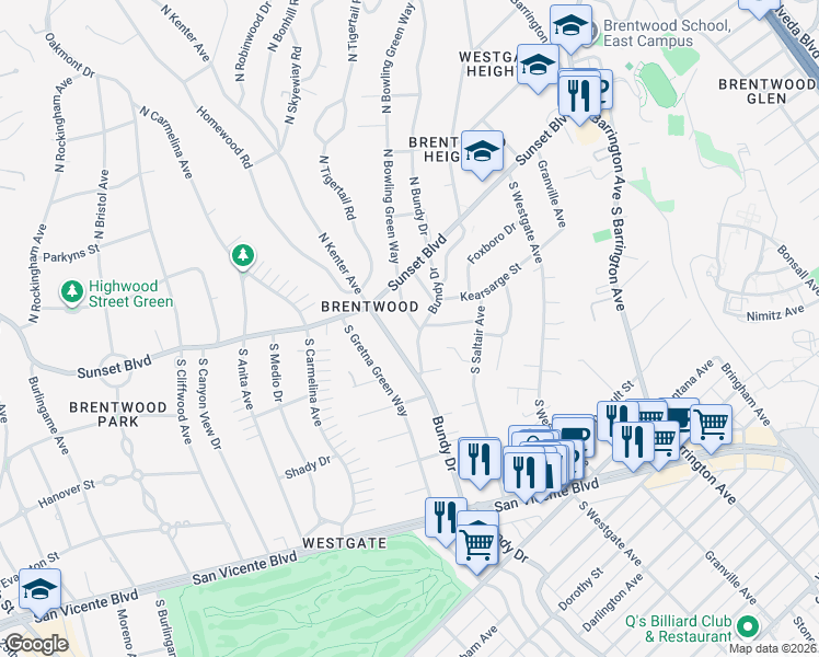 map of restaurants, bars, coffee shops, grocery stores, and more near 310 South Bundy Drive in Los Angeles
