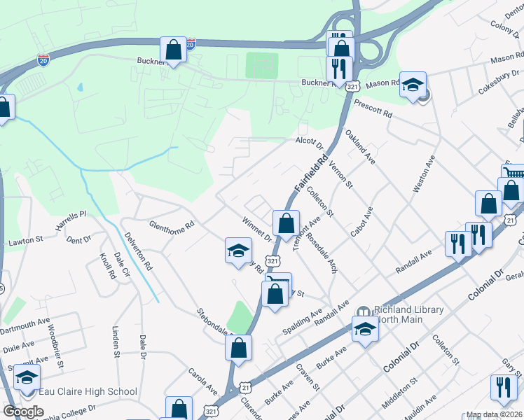 map of restaurants, bars, coffee shops, grocery stores, and more near 5313 Fairfield Road in Columbia