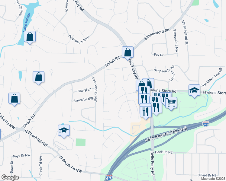 map of restaurants, bars, coffee shops, grocery stores, and more near 411 Laurian Way Northwest in Kennesaw