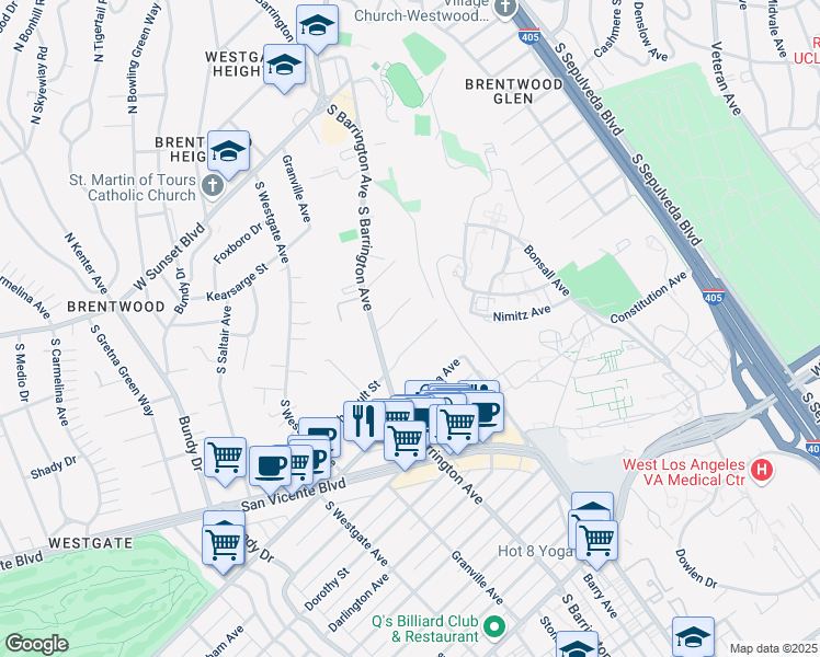 map of restaurants, bars, coffee shops, grocery stores, and more near 11639 Chenault Street in Los Angeles