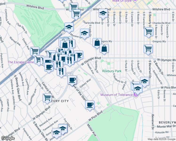map of restaurants, bars, coffee shops, grocery stores, and more near 2170 Century Park East in Los Angeles