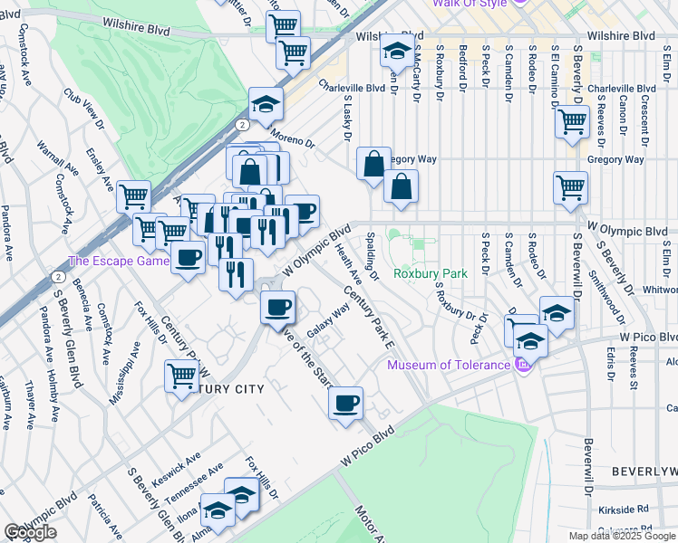 map of restaurants, bars, coffee shops, grocery stores, and more near 2170 Century Park East in Los Angeles