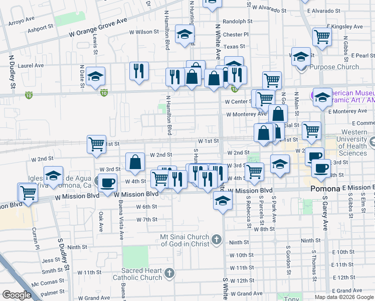 map of restaurants, bars, coffee shops, grocery stores, and more near 1031 West 2nd Street in Pomona