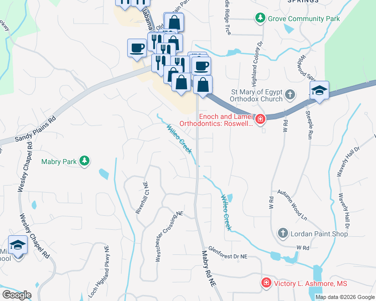 map of restaurants, bars, coffee shops, grocery stores, and more near 4442 Old Mabry Place in Roswell