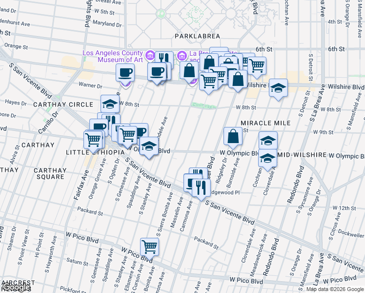 map of restaurants, bars, coffee shops, grocery stores, and more near in Los Angeles
