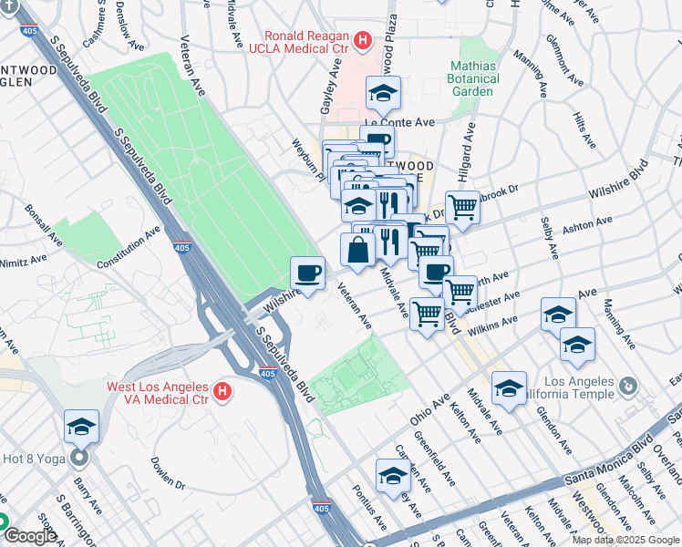 map of restaurants, bars, coffee shops, grocery stores, and more near 9513 Veteran Avenue in Los Angeles