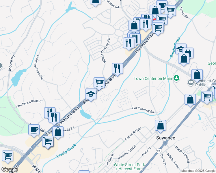 map of restaurants, bars, coffee shops, grocery stores, and more near 730 Peachtree Road in Suwanee