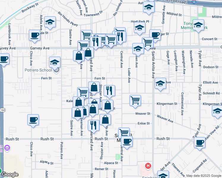 map of restaurants, bars, coffee shops, grocery stores, and more near 2500 Edwards Avenue in South El Monte