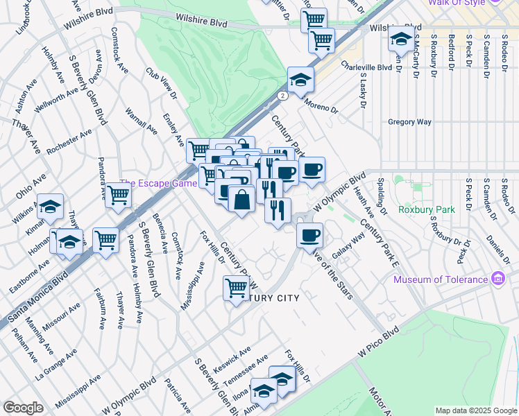 map of restaurants, bars, coffee shops, grocery stores, and more near 2025 Avenue of the Stars in Los Angeles