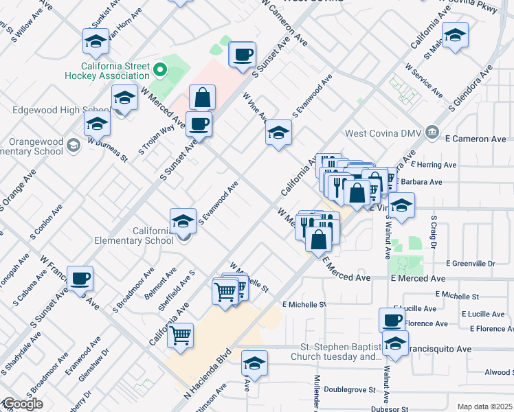 map of restaurants, bars, coffee shops, grocery stores, and more near 1019 West Pine Street in West Covina