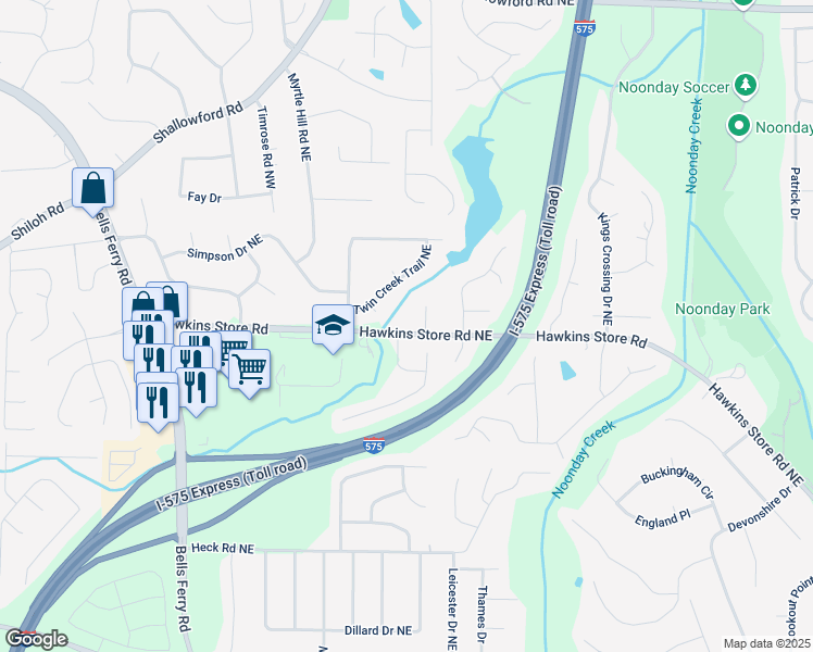 map of restaurants, bars, coffee shops, grocery stores, and more near 92 Hawkins Store Road Northeast in Kennesaw