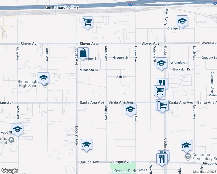 map of restaurants, bars, coffee shops, grocery stores, and more near 18310 Manila Street in Bloomington