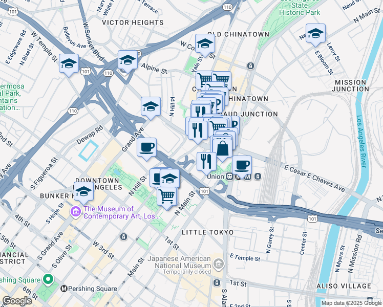 map of restaurants, bars, coffee shops, grocery stores, and more near 555 North Spring Street in Los Angeles