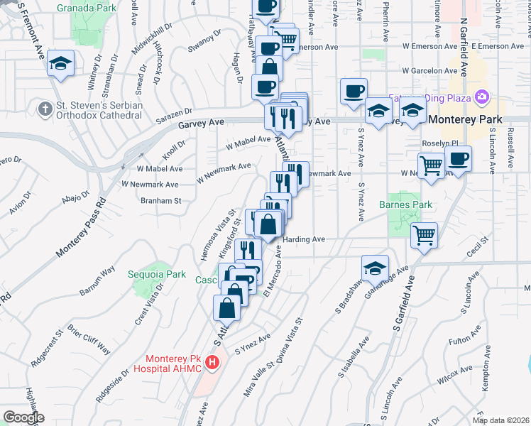 map of restaurants, bars, coffee shops, grocery stores, and more near 408 De La Fuente Street in Monterey Park