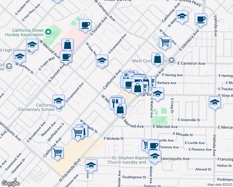 map of restaurants, bars, coffee shops, grocery stores, and more near 1105 Sandy Hook Street South in West Covina