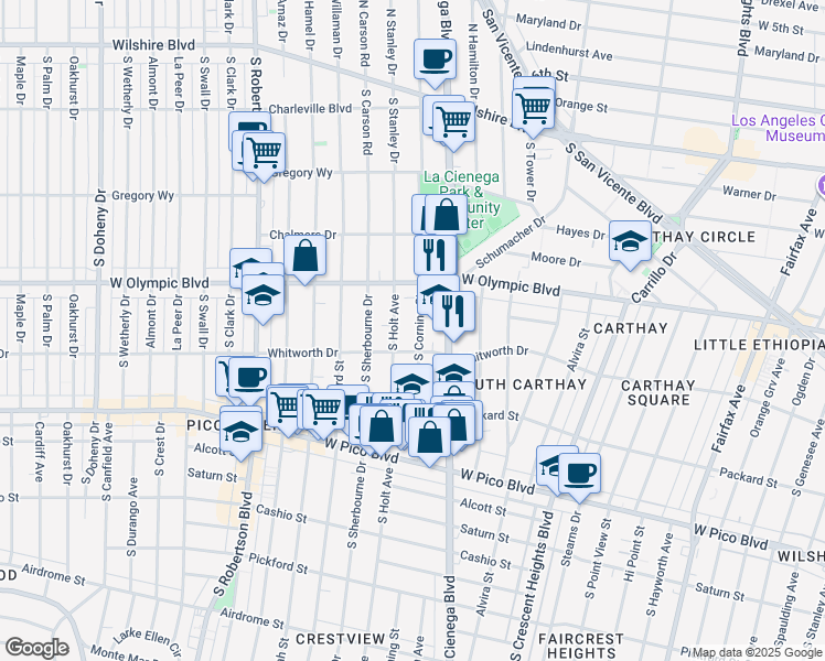 map of restaurants, bars, coffee shops, grocery stores, and more near 1060 South Corning Street in Los Angeles