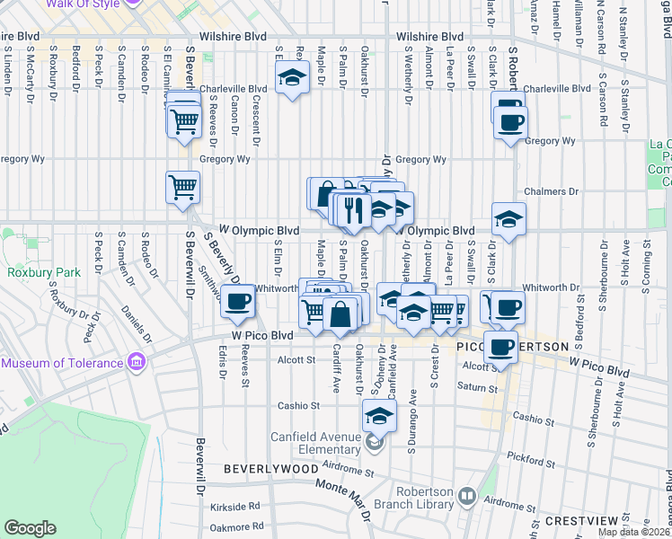 map of restaurants, bars, coffee shops, grocery stores, and more near 447 South Palm Drive in Beverly Hills