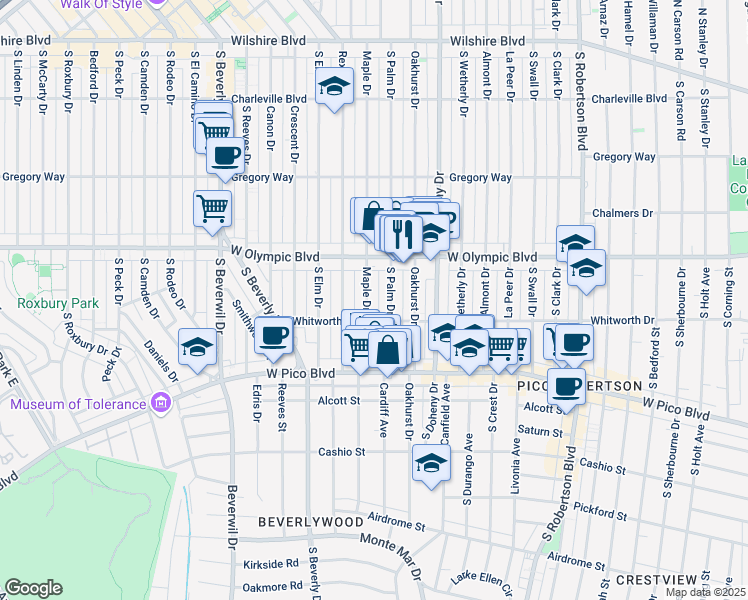 map of restaurants, bars, coffee shops, grocery stores, and more near 461 1/2 South Palm Drive in Beverly Hills