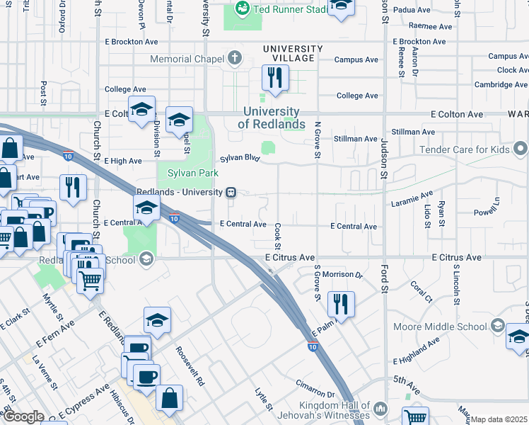 map of restaurants, bars, coffee shops, grocery stores, and more near 1129 East Central Avenue in Redlands