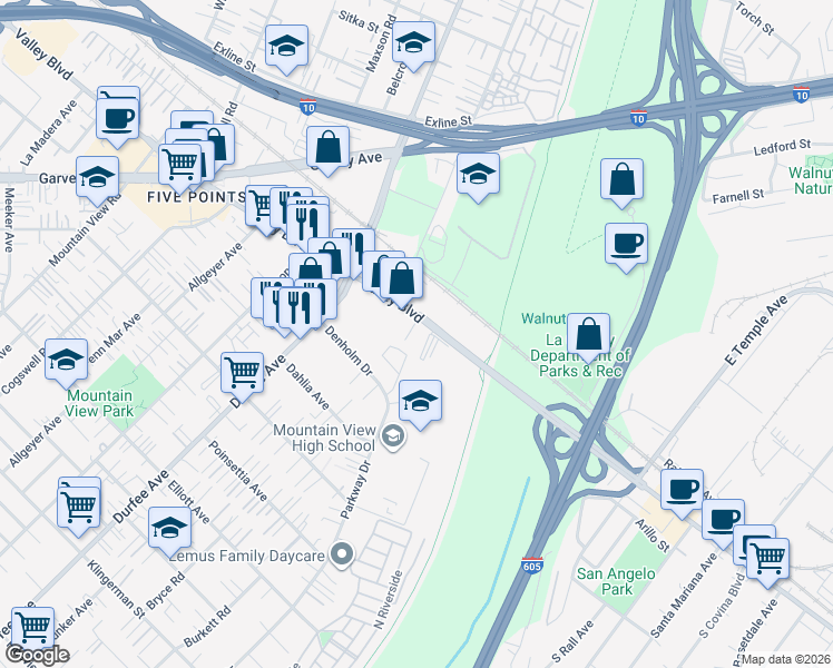 map of restaurants, bars, coffee shops, grocery stores, and more near 12432 Valley Boulevard in El Monte