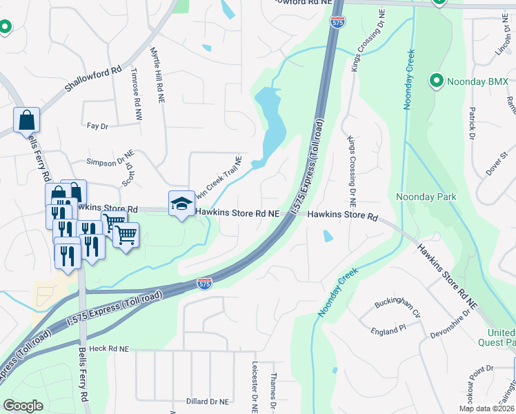 map of restaurants, bars, coffee shops, grocery stores, and more near 4351 Lakeside Hills Way Northeast in Kennesaw