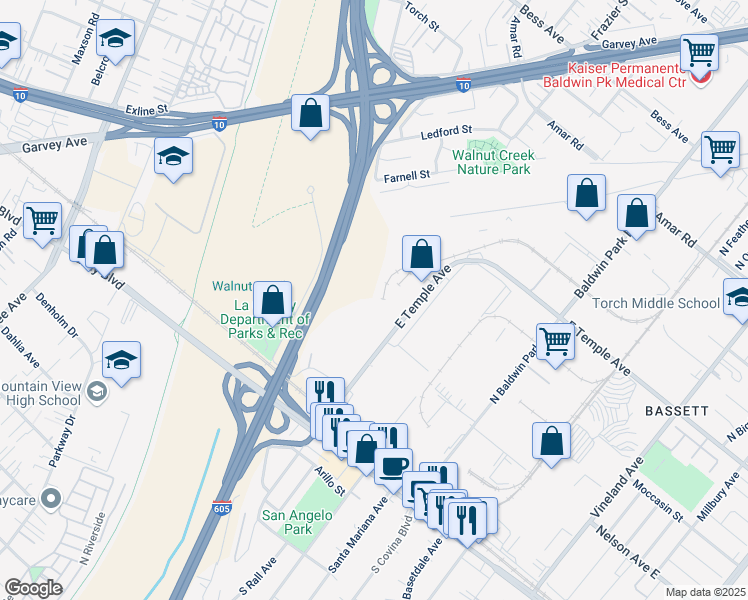 map of restaurants, bars, coffee shops, grocery stores, and more near 359 North Covina Lane in Los Angeles County
