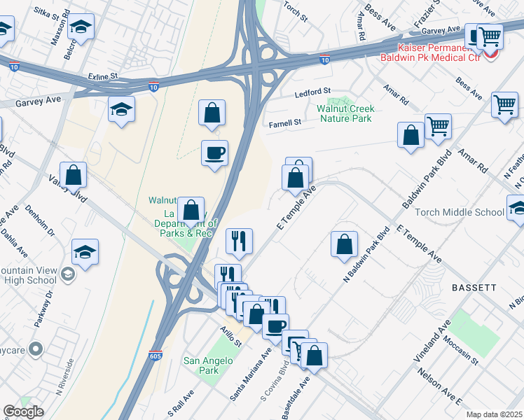 map of restaurants, bars, coffee shops, grocery stores, and more near 359 North Covina Lane in Los Angeles County