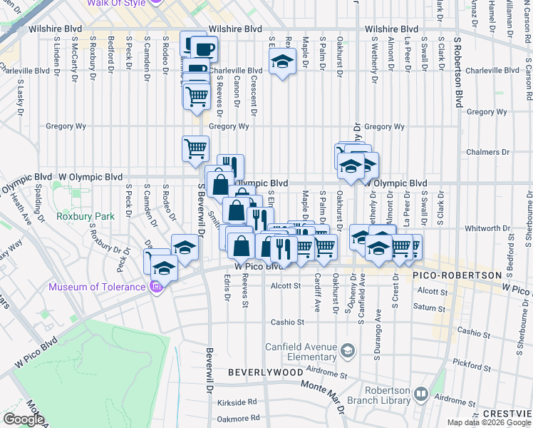 map of restaurants, bars, coffee shops, grocery stores, and more near 447 South Elm Drive in Beverly Hills