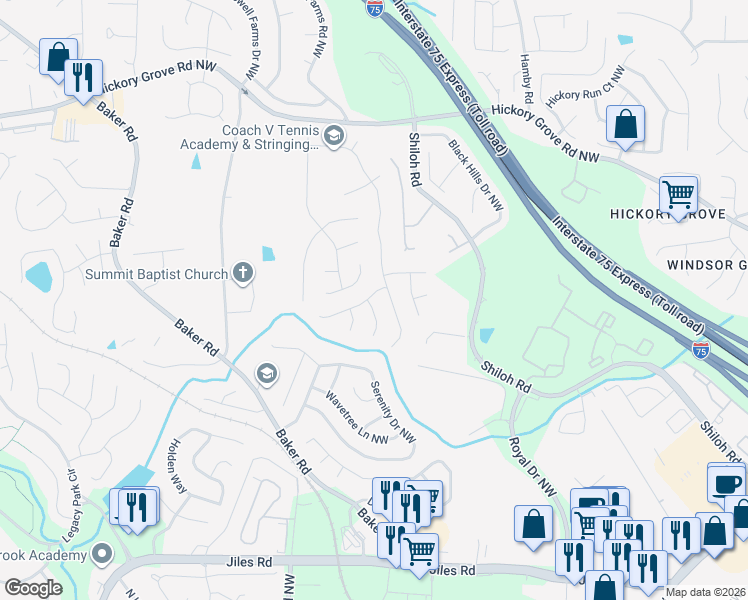 map of restaurants, bars, coffee shops, grocery stores, and more near 4242 Clearvista Lane Northwest in Acworth