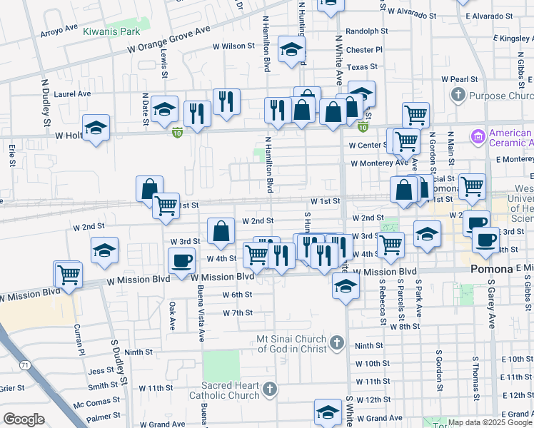 map of restaurants, bars, coffee shops, grocery stores, and more near 1112 West 2nd Street in Pomona