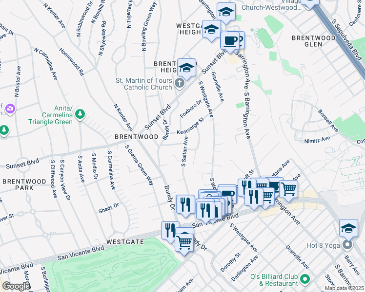 map of restaurants, bars, coffee shops, grocery stores, and more near 233 South Saltair Avenue in Los Angeles