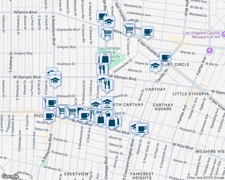 map of restaurants, bars, coffee shops, grocery stores, and more near 1053 South Alfred Street in Los Angeles