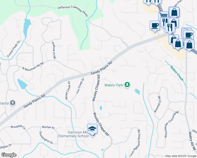 map of restaurants, bars, coffee shops, grocery stores, and more near 4345-4063 Wesley Chapel Road in Marietta