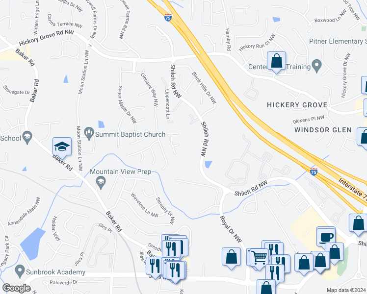 map of restaurants, bars, coffee shops, grocery stores, and more near 2001 Maple Ridge Court Northwest in Acworth