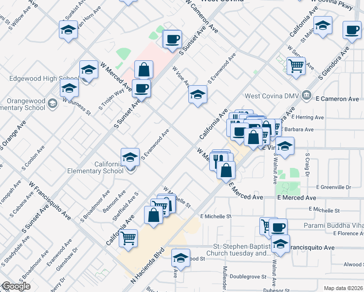 map of restaurants, bars, coffee shops, grocery stores, and more near 1019 West Pine Street in West Covina