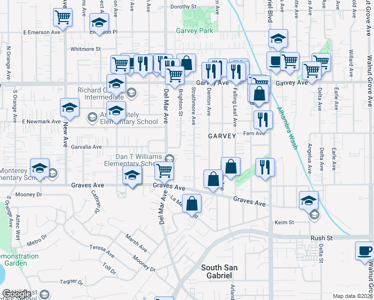 map of restaurants, bars, coffee shops, grocery stores, and more near 2477 1/4 Strathmore Avenue in Rosemead