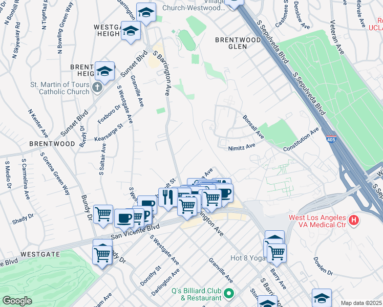 map of restaurants, bars, coffee shops, grocery stores, and more near 11633 Chenault Street in Los Angeles