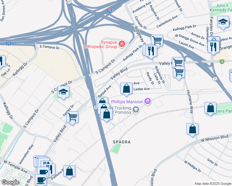 map of restaurants, bars, coffee shops, grocery stores, and more near 408 Gretchen Place in Pomona