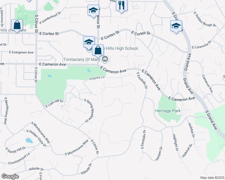 map of restaurants, bars, coffee shops, grocery stores, and more near 3062 East Los Cerillos Drive in West Covina