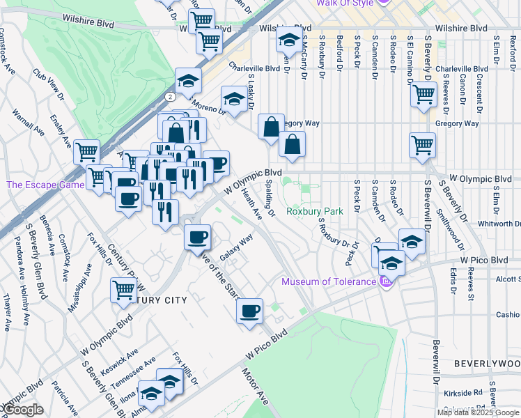 map of restaurants, bars, coffee shops, grocery stores, and more near 437 Shirley Place in Beverly Hills
