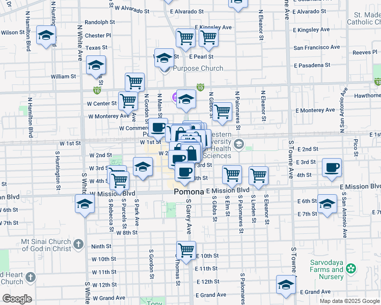 map of restaurants, bars, coffee shops, grocery stores, and more near 127 East 2nd Street in Pomona