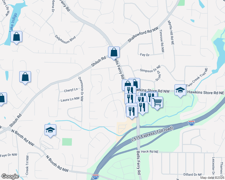 map of restaurants, bars, coffee shops, grocery stores, and more near 314 Bramford Way Northwest in Kennesaw