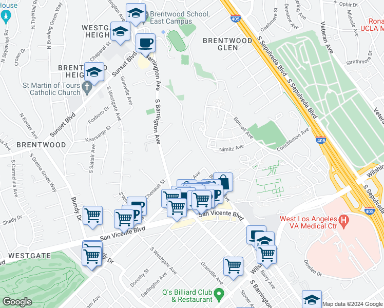 map of restaurants, bars, coffee shops, grocery stores, and more near 11616 Chenault Street in Los Angeles
