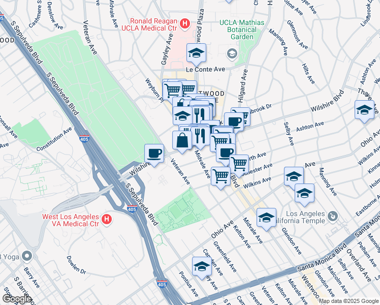 map of restaurants, bars, coffee shops, grocery stores, and more near 10960 Wilshire Boulevard in Los Angeles