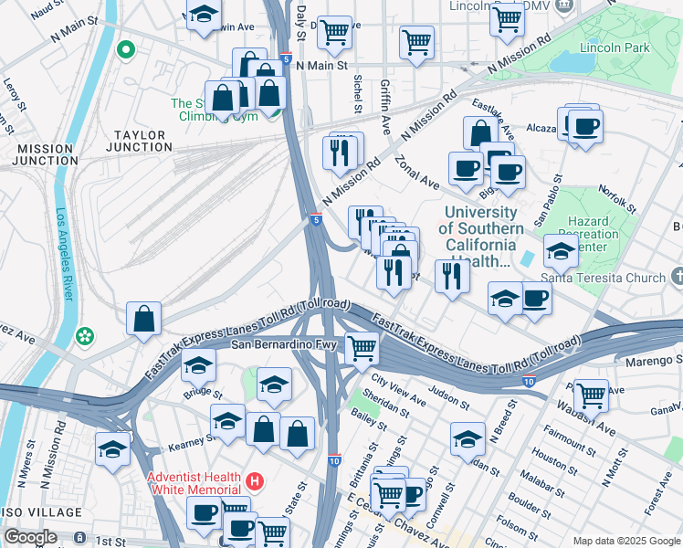 map of restaurants, bars, coffee shops, grocery stores, and more near 1700 Pomeroy Avenue in Los Angeles