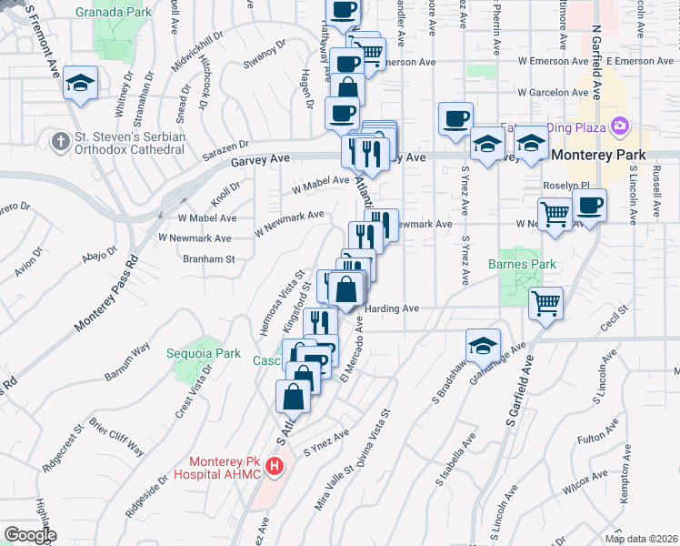 map of restaurants, bars, coffee shops, grocery stores, and more near 408 De La Fuente Street in Monterey Park